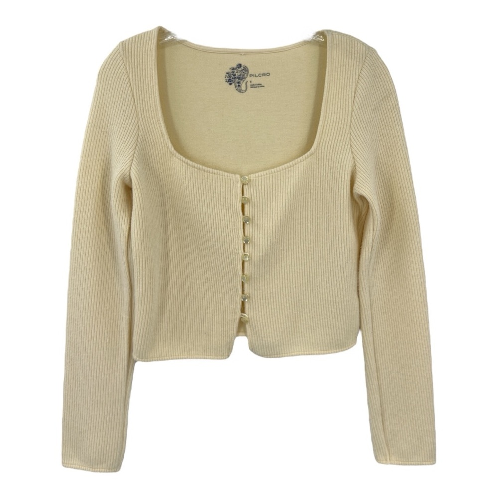 Pilcro Square Neck Cropped Button Cardigan Beige Sz S